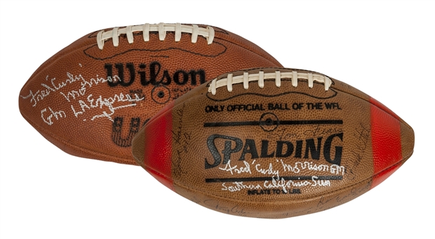 Fred "Curly" Morrison Signed USFL and Team Signed with Morrison WFL Footballs (2) (JSA Auction Letter)